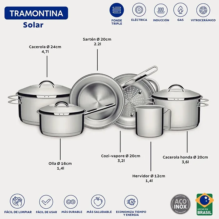 Bateria de Cocina Juego Ollas Cacerola 6 Piezas Tramontina Solar Acero Inoxidable Triple Fondo