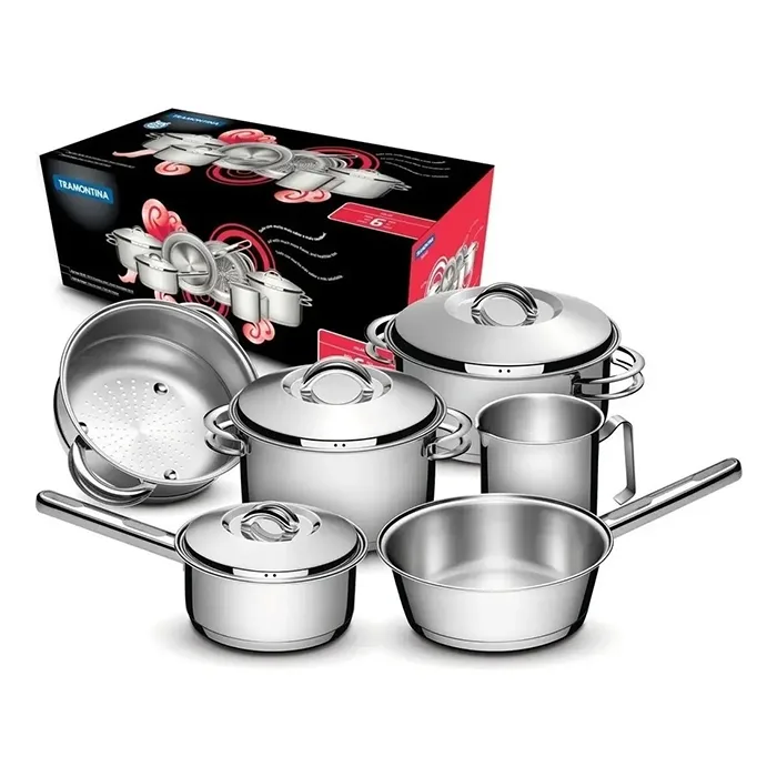 Bateria de Cocina Juego Ollas Cacerola 6 Piezas Tramontina Solar Acero Inoxidable Triple Fondo